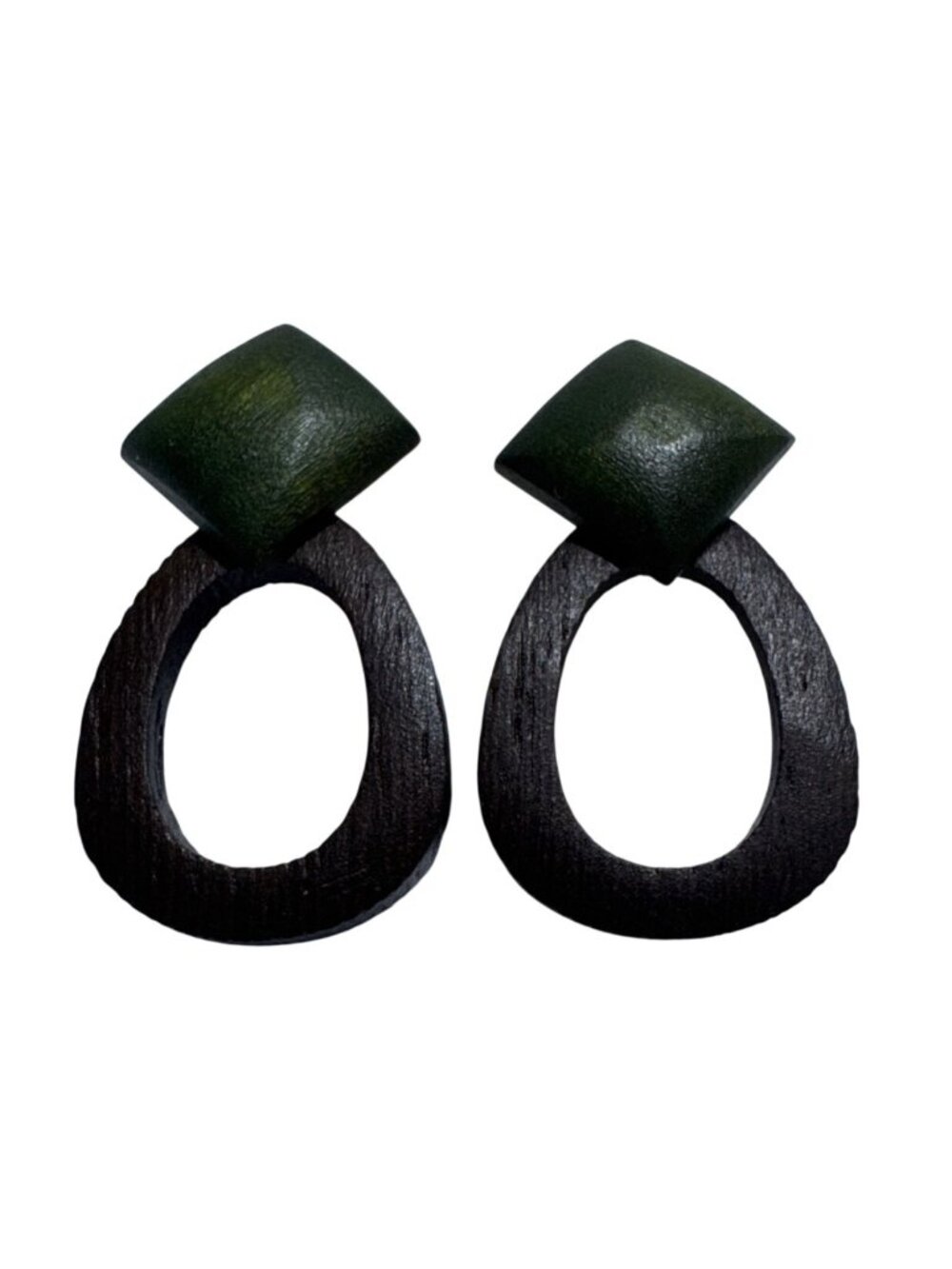 Green Brown Wood Geometric Dangle Earrings Open Oval Statement Boho Pierced